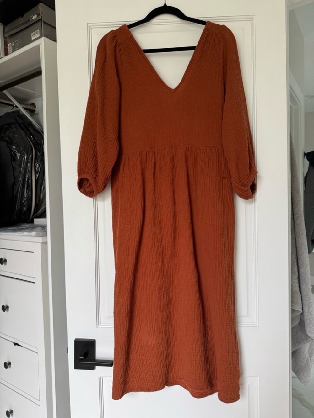 Madewell Rust V-Neck Maxi Dress with Puff Sleeves